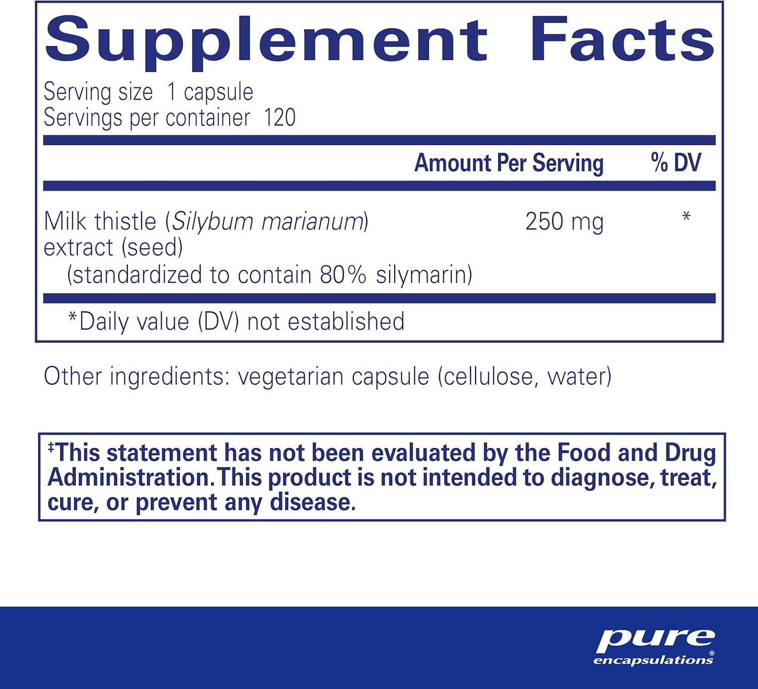 Pure Encapsulations Silymarin Milk Thistle liver support supplement capsules, digestive enzyme supplement in a bottle.