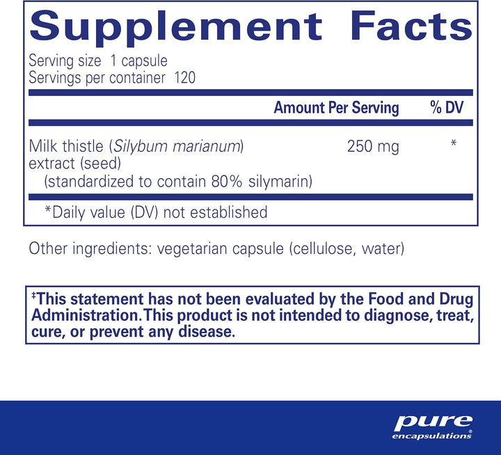 Pure Encapsulations Silymarin Milk Thistle liver support supplement capsules, digestive enzyme supplement in a bottle.