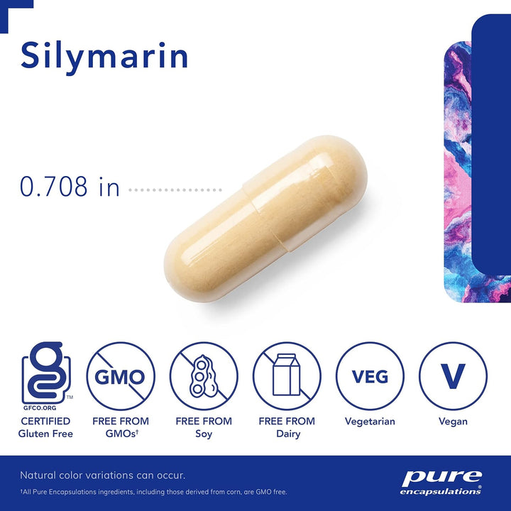 Pure Encapsulations Silymarin Milk Thistle Liver Support supplement bottle with 120 capsules, designed for digestive and liver health.