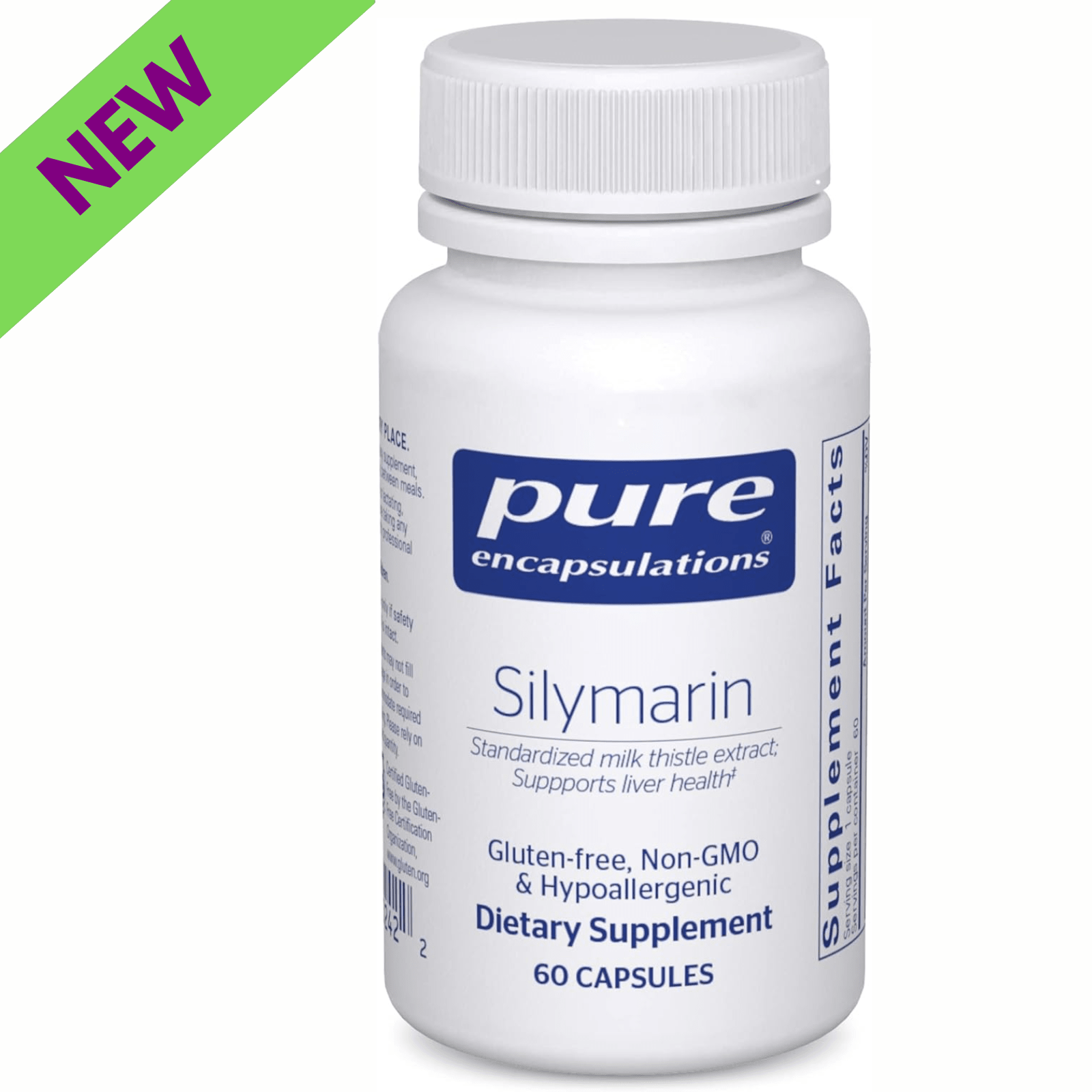 Pure Encapsulations Silymarin Milk Thistle liver support supplement capsules for digestive health, with 60 capsules in a white bottle.