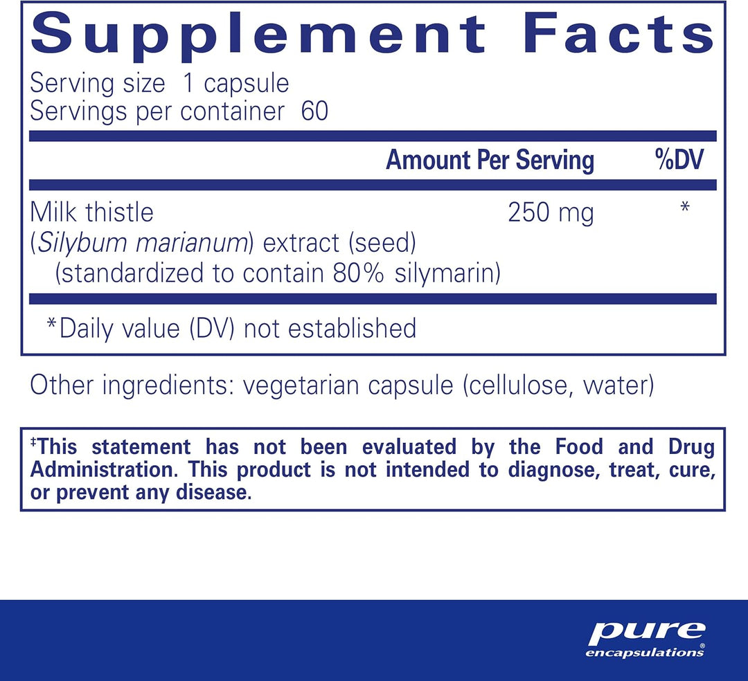 Pure Encapsulations Silymarin Milk Thistle liver support supplement capsules, natural digestive enzyme supplement with plant-based ingredients.