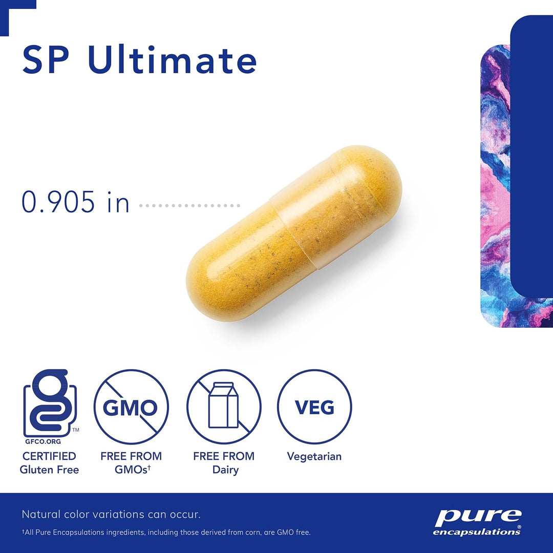 Pure Encapsulations SP Ultimate Prostate Cellular Support supplement bottle with 90 capsules, featuring digestive enzyme formula.