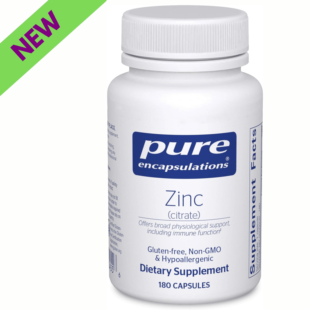 Pure Encapsulations Supports Immune Function Zinc Citrate digestive enzyme supplement bottle with 180 capsules.
