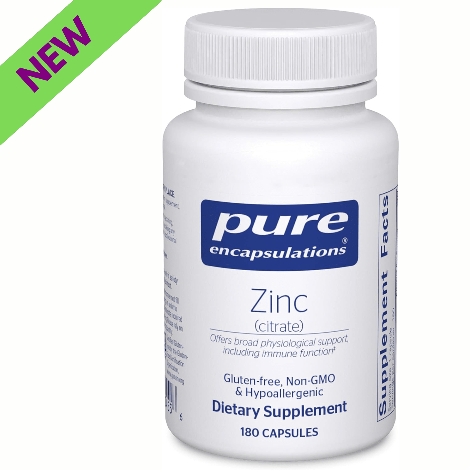 Pure Encapsulations Supports Immune Function Zinc Citrate digestive enzyme supplement bottle with 180 capsules.