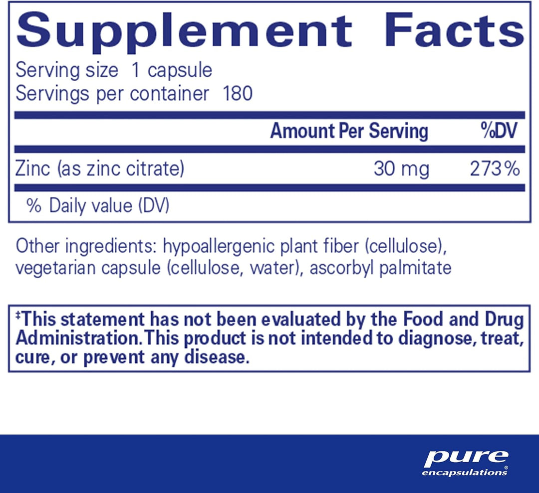 Pure Encapsulations Zinc Citrate supplement with 180 capsules, supporting immune function and digestive health.