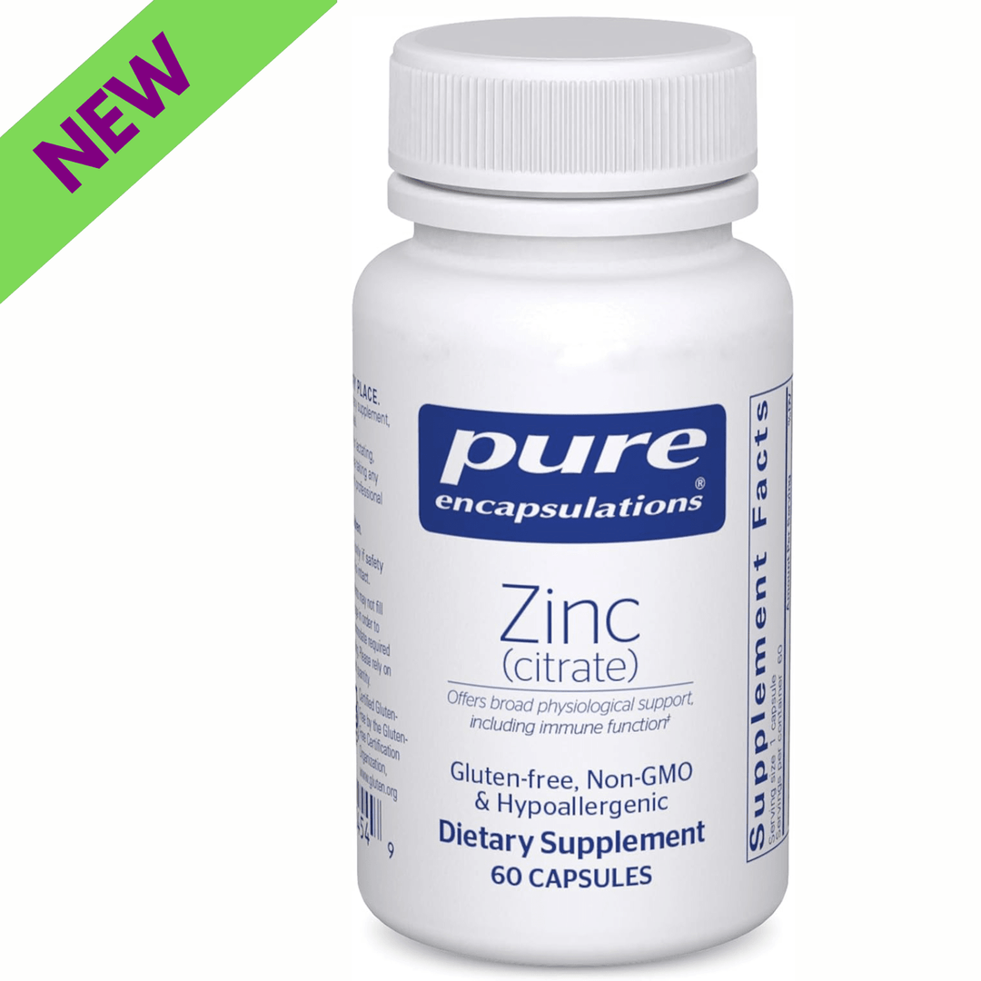 Pure Encapsulations Zinc Citrate supplement in a bottle of 60 capsules, supporting immune function and digestive health.