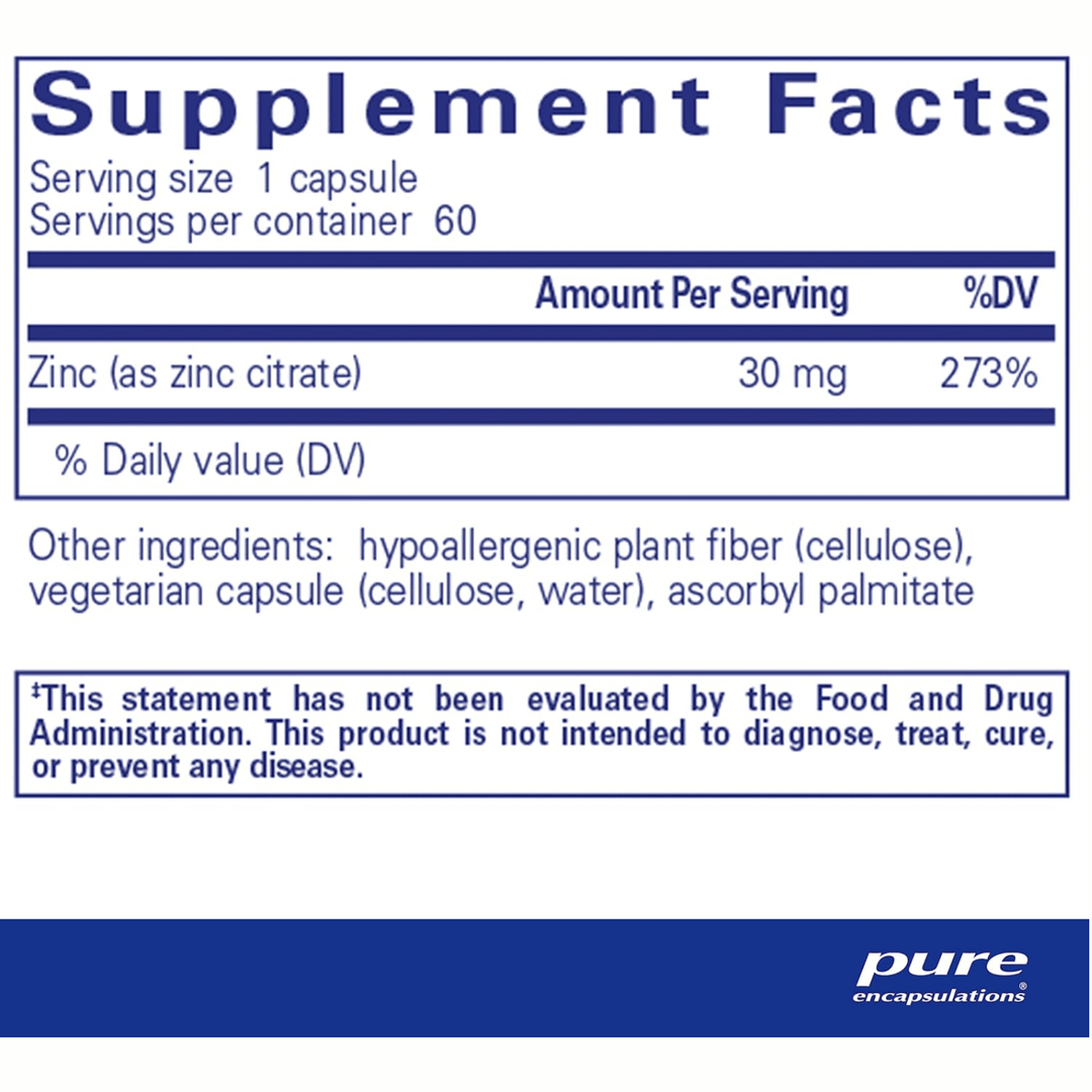 Pure Encapsulations Supports Immune Function Zinc Citrate supplement with 60 capsules, featuring digestive enzymes for immune support.