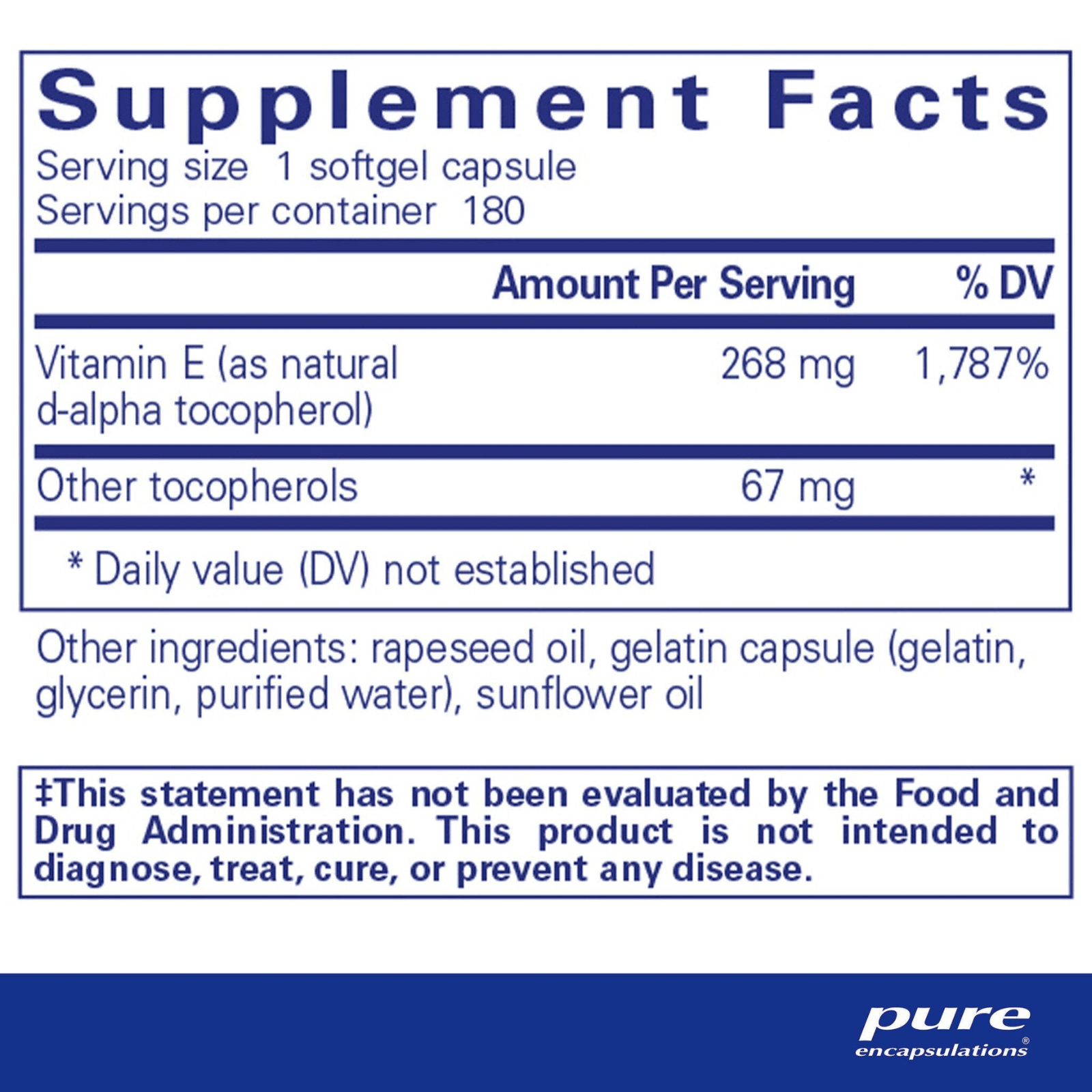 Pure Encapsulations Supports Skin Health Vitamin E softgels, digestive enzyme supplement, 180 capsules for skin wellness.