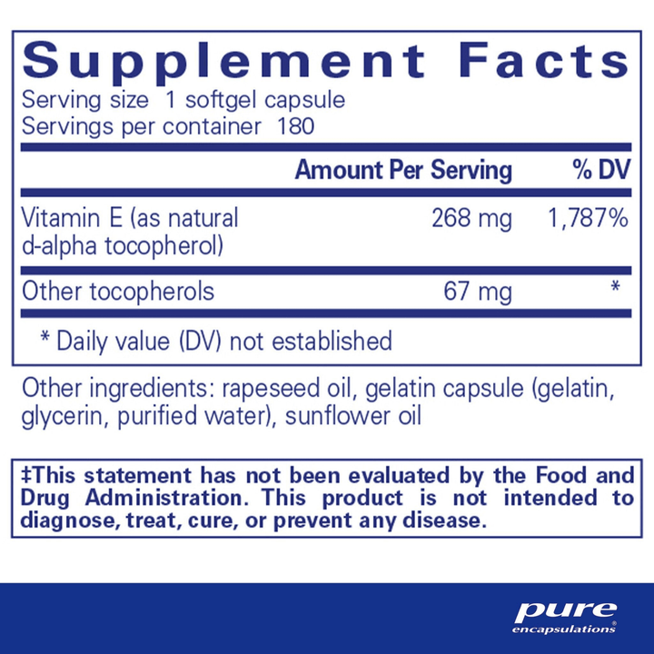Pure Encapsulations Supports Skin Health Vitamin E softgels, digestive enzyme supplement, 180 capsules for skin wellness.