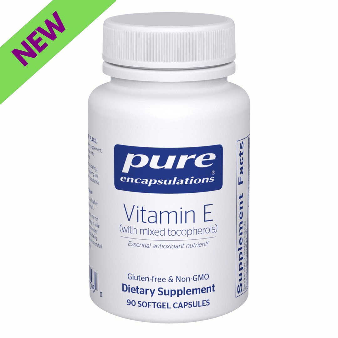 Pure Encapsulations Supports Skin Health Vitamin E capsules, dietary supplement for skin nourishment, 90 capsules shown in bottle.