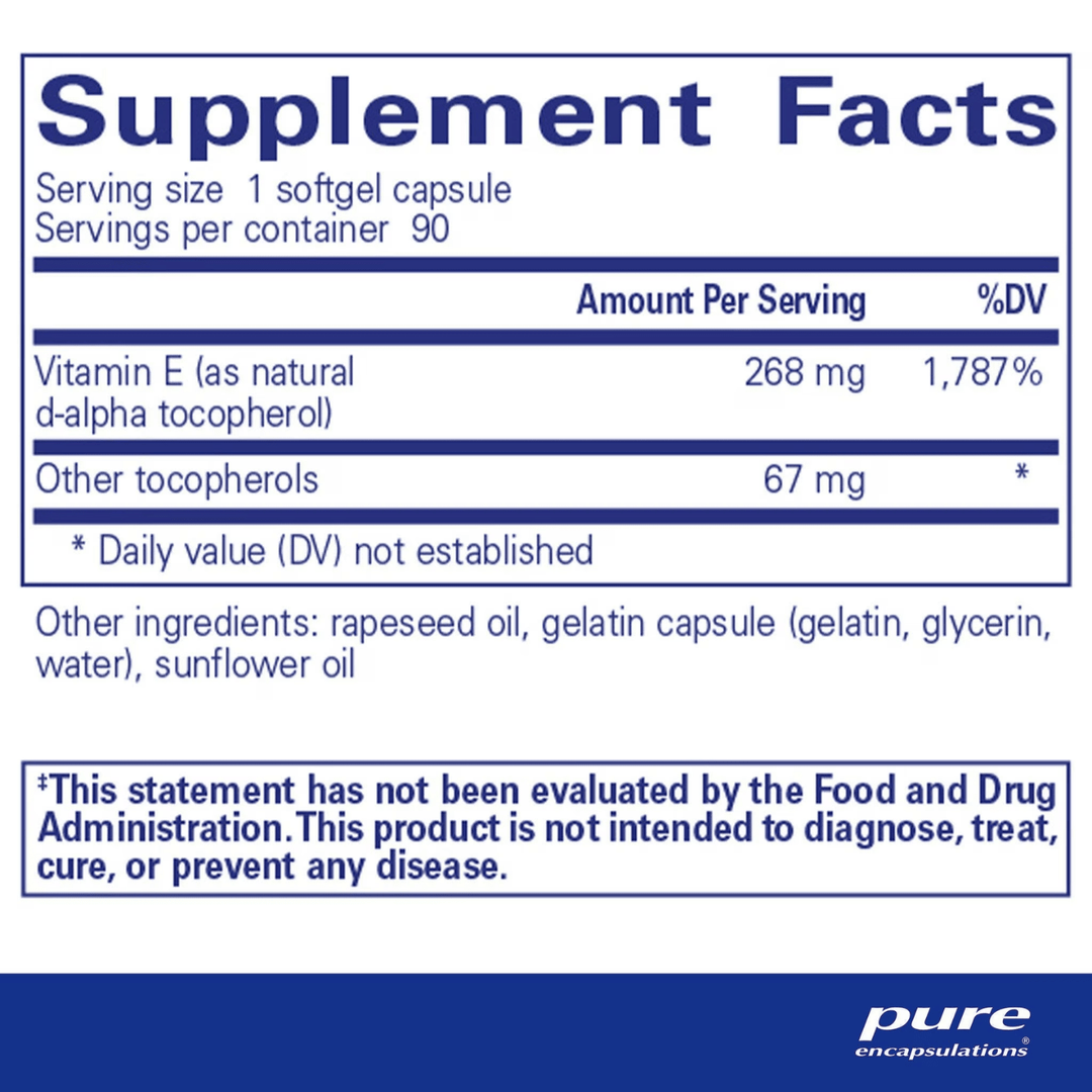 Pure Encapsulations Vitamin E capsules, a digestive enzyme supplement supporting skin health, shown in a bottle with 90 capsules.