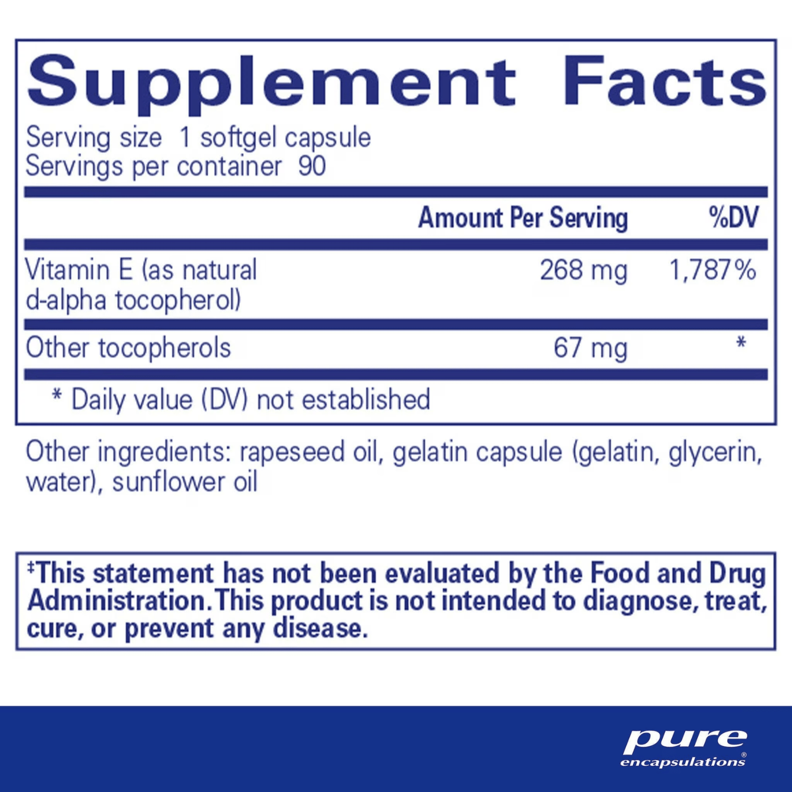 Pure Encapsulations Vitamin E capsules, a digestive enzyme supplement supporting skin health, shown in a bottle with 90 capsules.