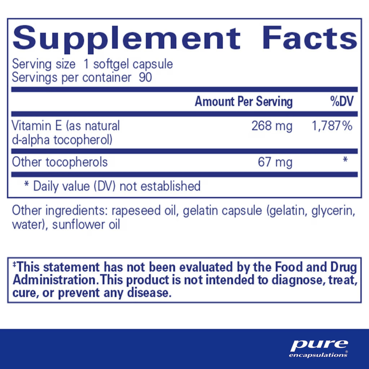 Pure Encapsulations Vitamin E capsules, a digestive enzyme supplement supporting skin health, shown in a bottle with 90 capsules.