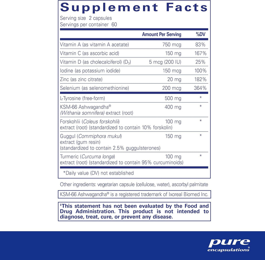 Pure Encapsulations Thyroid Support Complex with Iodine and Ashwagandha capsules, dietary supplement for thyroid health.