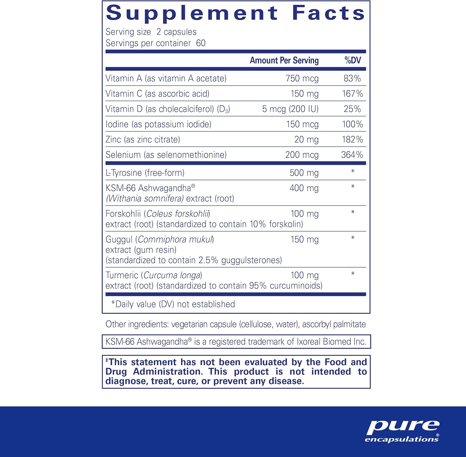 Pure Encapsulations Thyroid Support Complex with Iodine and Ashwagandha capsules, dietary supplement for thyroid health.