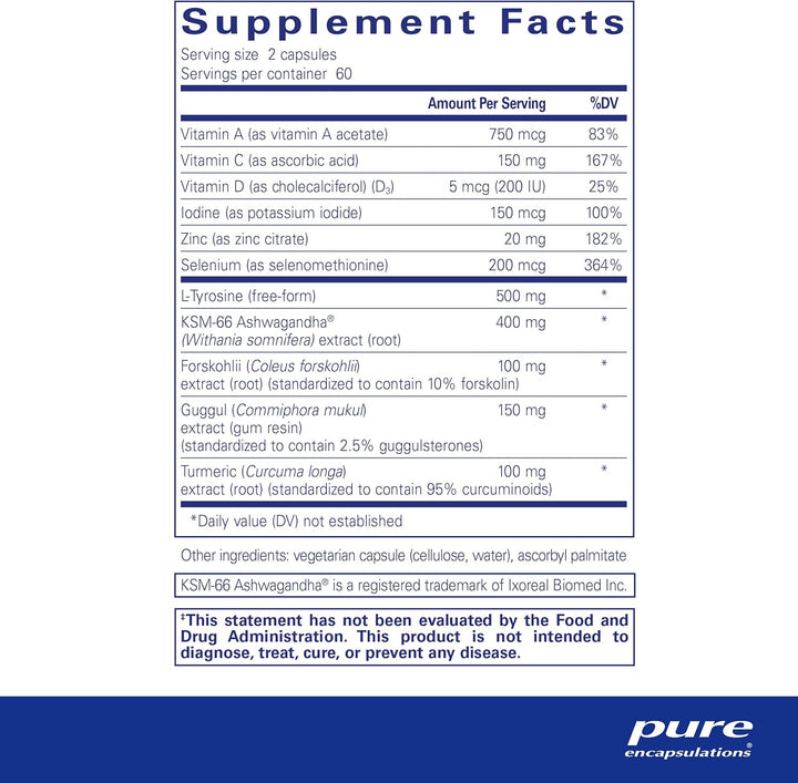 Pure Encapsulations Thyroid Support Complex with Iodine and Ashwagandha capsules, dietary supplement for thyroid health.