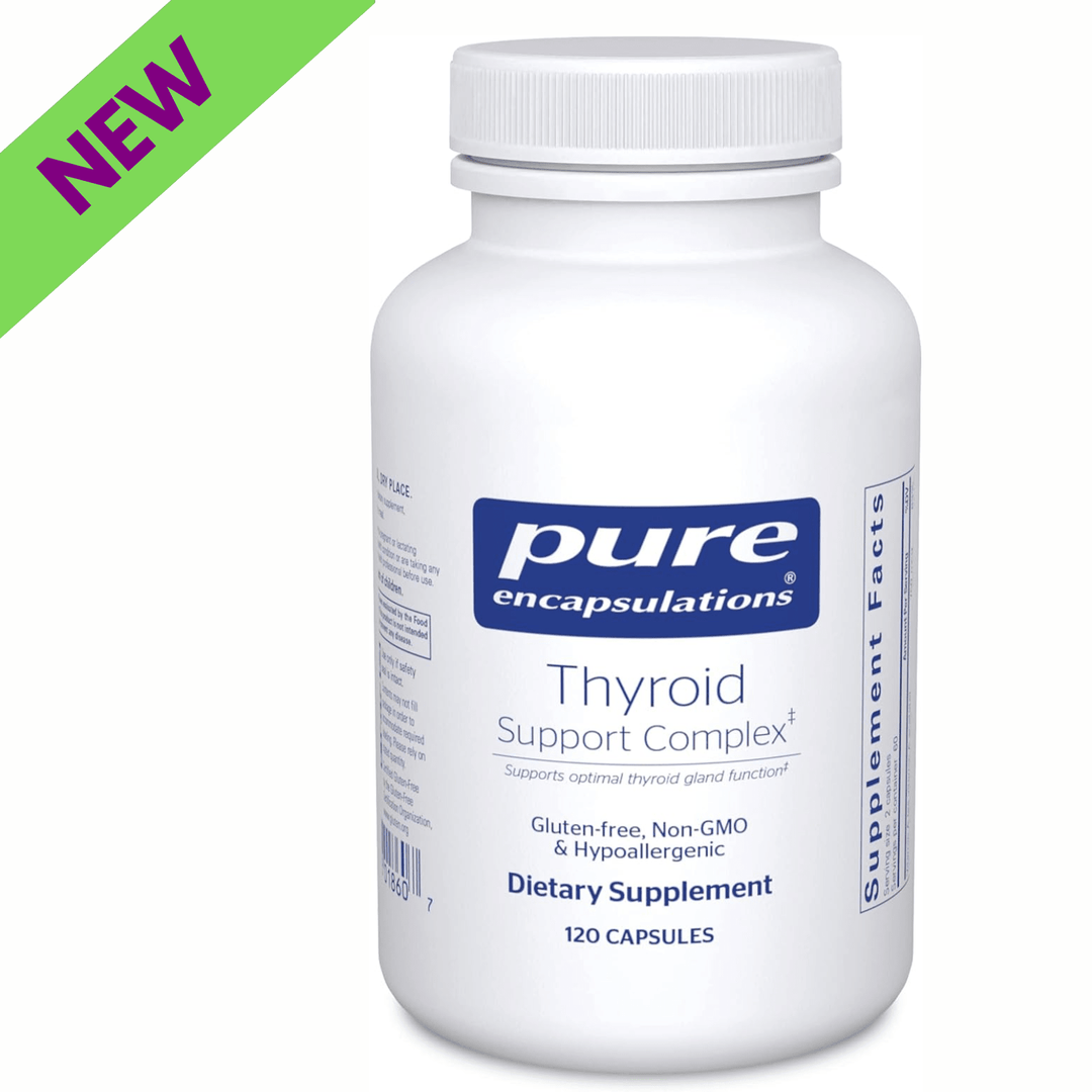 Pure Encapsulations Thyroid Support Complex with Iodine and Ashwagandha capsules, dietary supplement for thyroid health.
