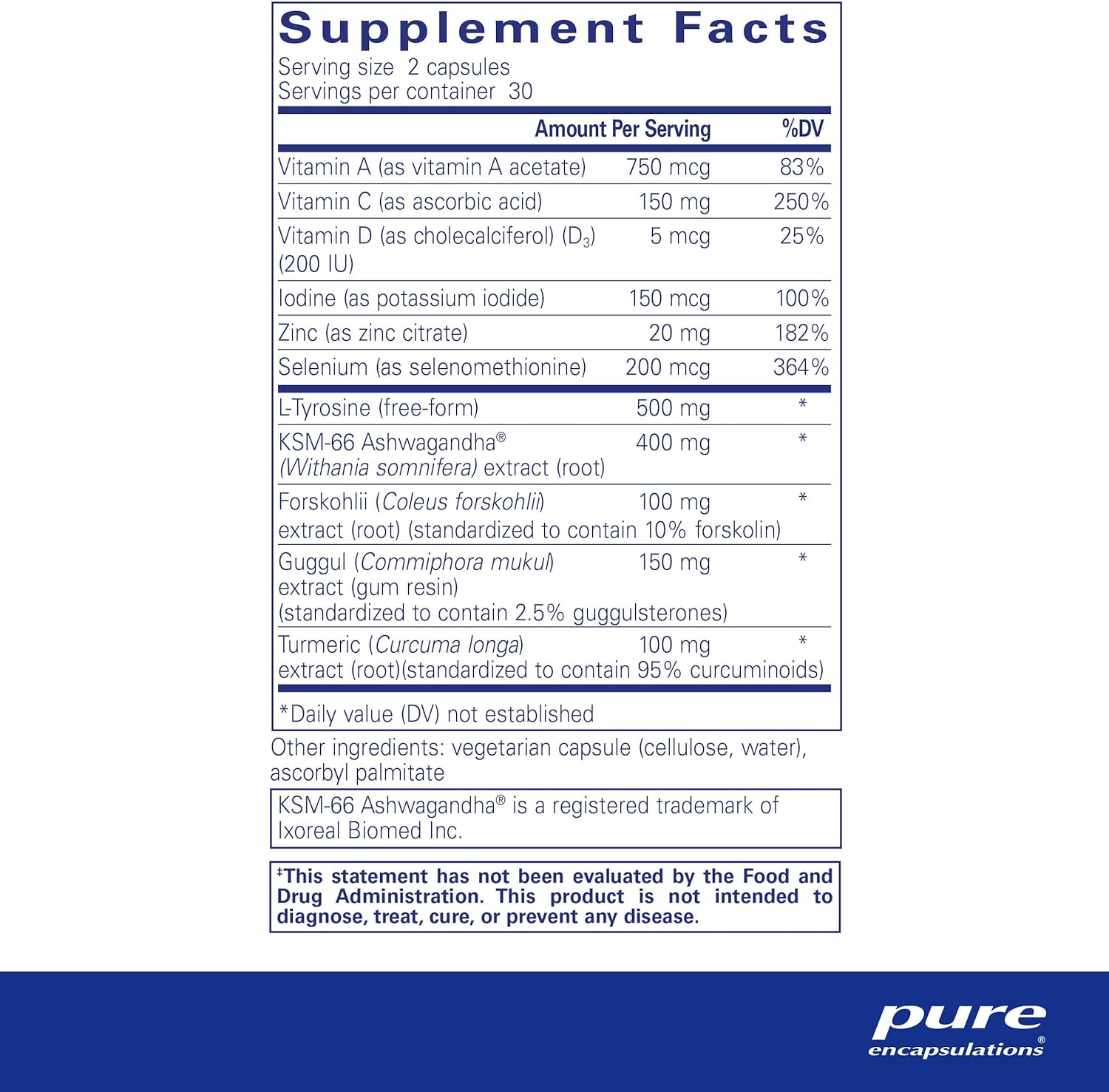 Pure Encapsulations Thyroid Support Complex with Iodine and Ashwagandha capsules, natural supplement for thyroid health.