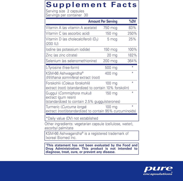 Pure Encapsulations Thyroid Support Complex with Iodine and Ashwagandha capsules, natural supplement for thyroid health.