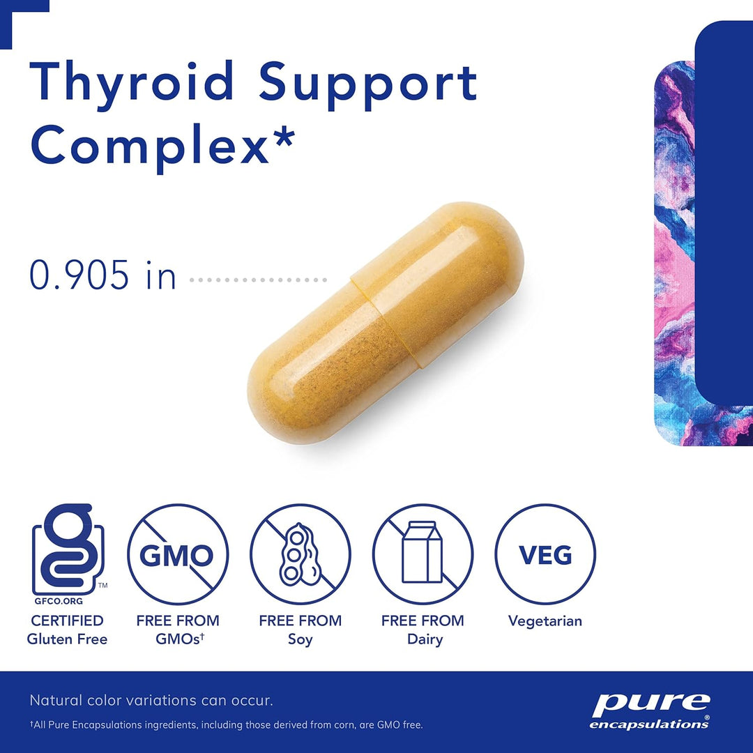 Pure Encapsulations Thyroid Support Complex with iodine and ashwagandha in 60 capsules, a digestive enzyme supplement.