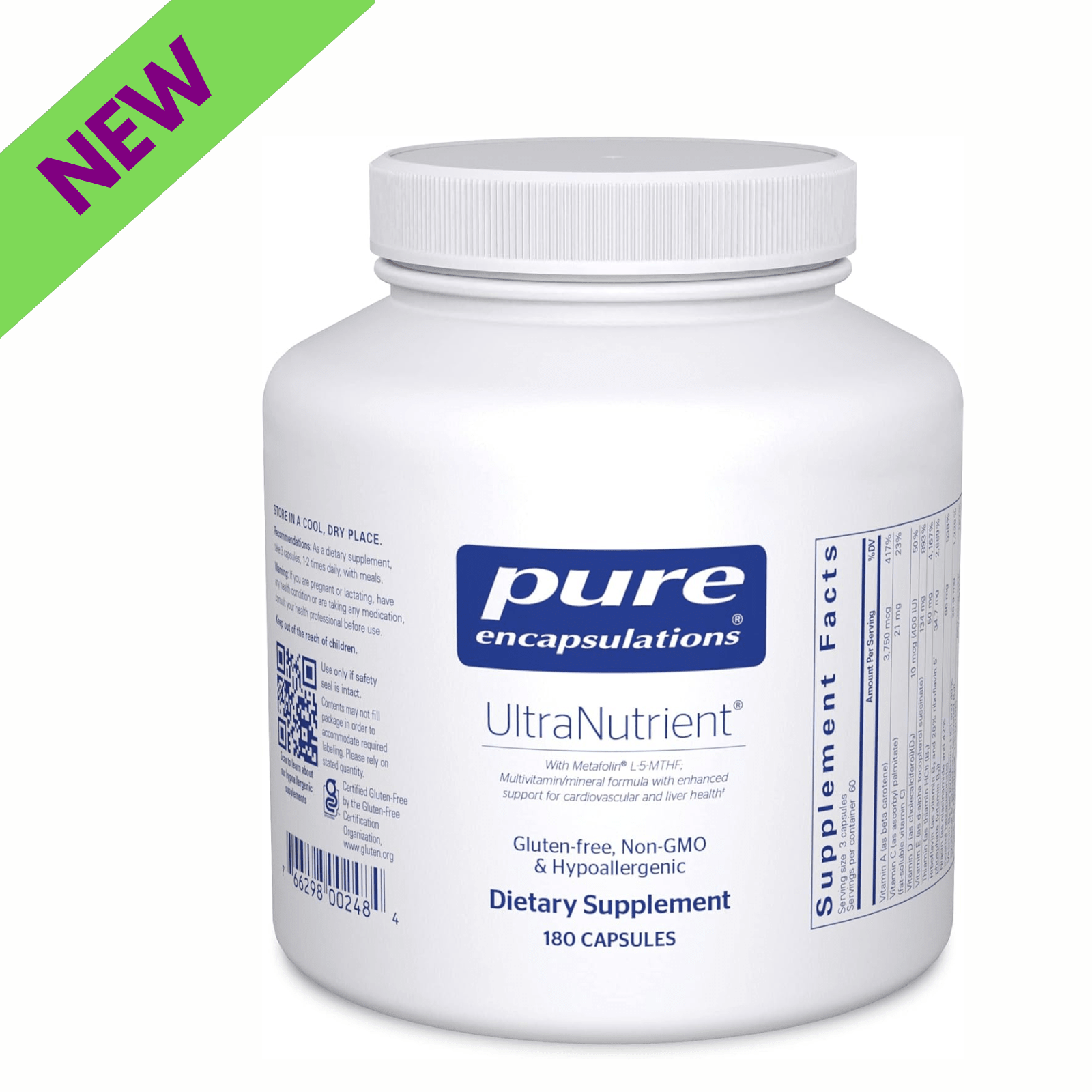 Pure Encapsulations UltraNutrient Multivitamin with digestive enzymes and support for heart and liver, 180 capsules.