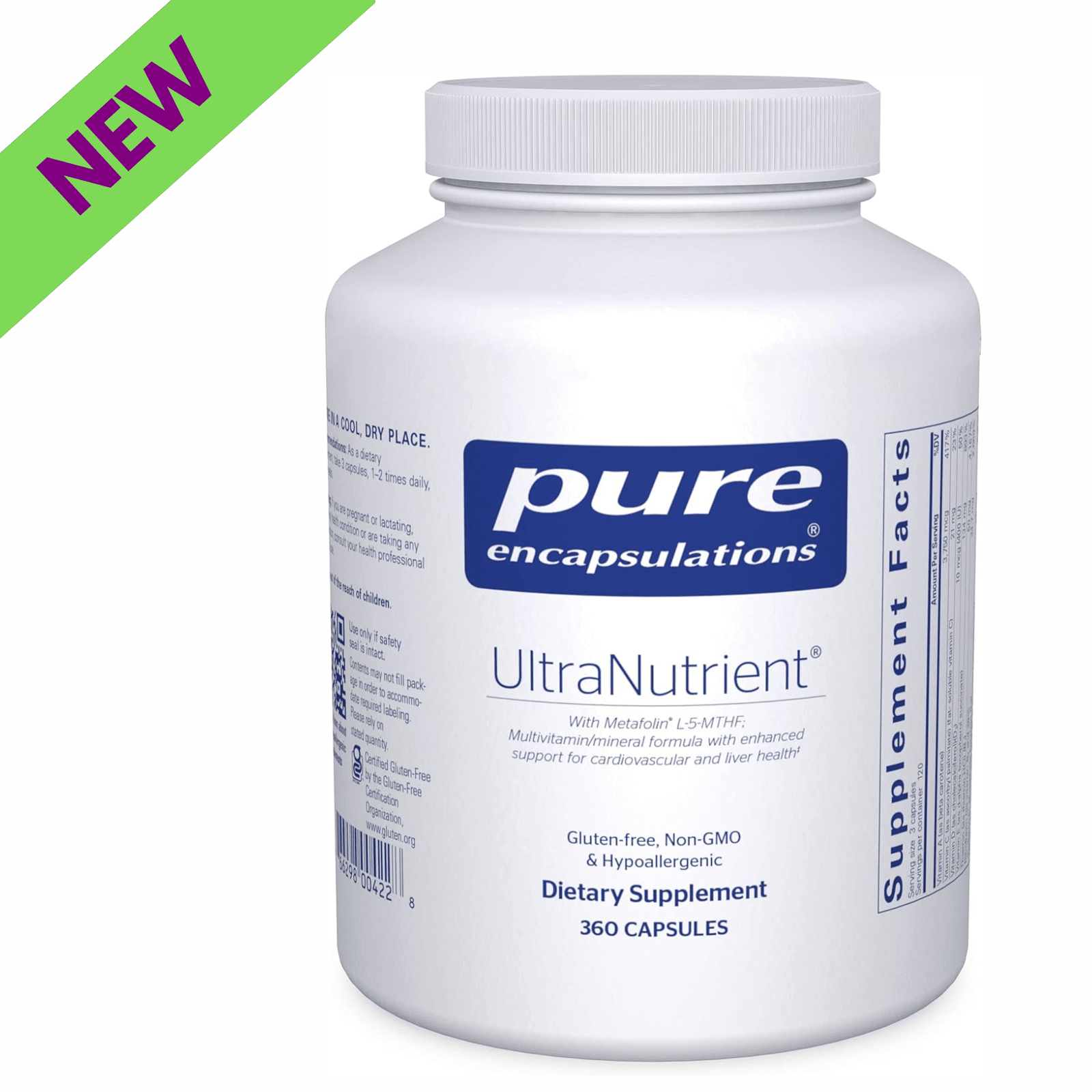 Pure Encapsulations UltraNutrient multivitamin and digestive enzyme supplement in a bottle of 360 capsules.