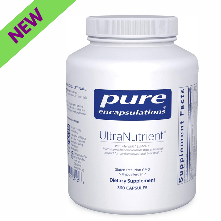 Pure Encapsulations UltraNutrient multivitamin and digestive enzyme supplement in a bottle of 360 capsules.