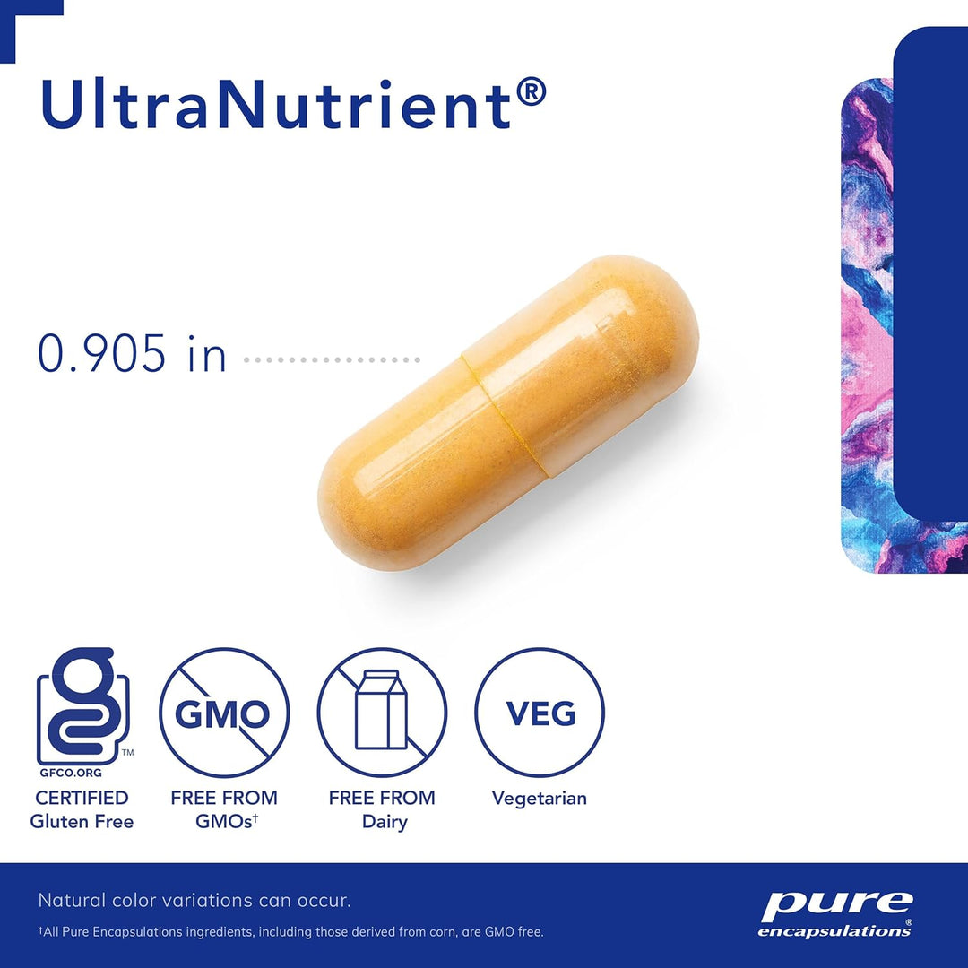 Pure Encapsulations UltraNutrient multivitamin bottle with 360 capsules, designed for heart and liver support, digestive enzyme supplement.