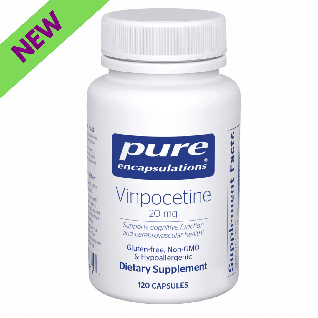 Pure Encapsulations Vinpocetine brain function support supplement with 120 capsules, featuring digestive enzyme blend for cognitive health.