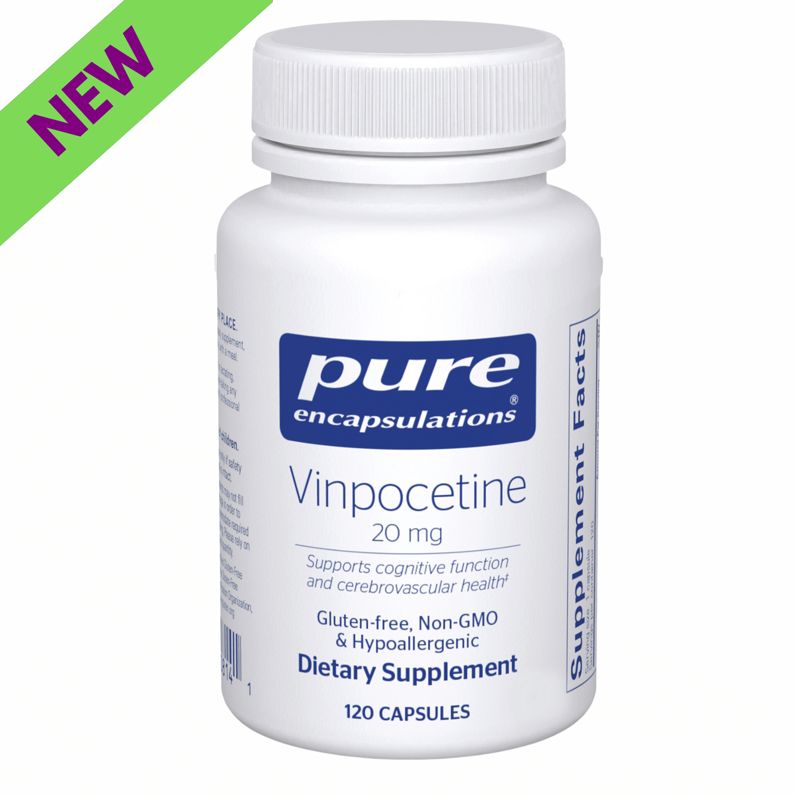 Pure Encapsulations Vinpocetine brain function support supplement with 120 capsules, featuring digestive enzyme blend for cognitive health.