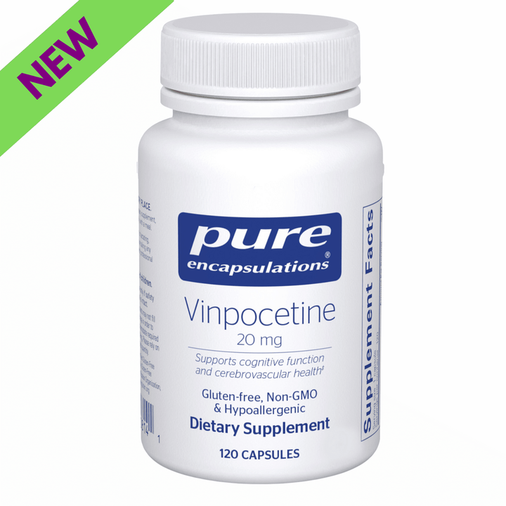 Pure Encapsulations Vinpocetine brain function support supplement with 120 capsules, featuring digestive enzyme blend for cognitive health.