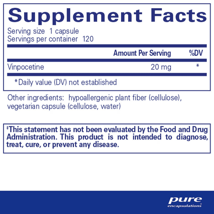 Pure Encapsulations Vinpocetine brain function support supplement bottle with 120 capsules, designed to enhance cognitive health.