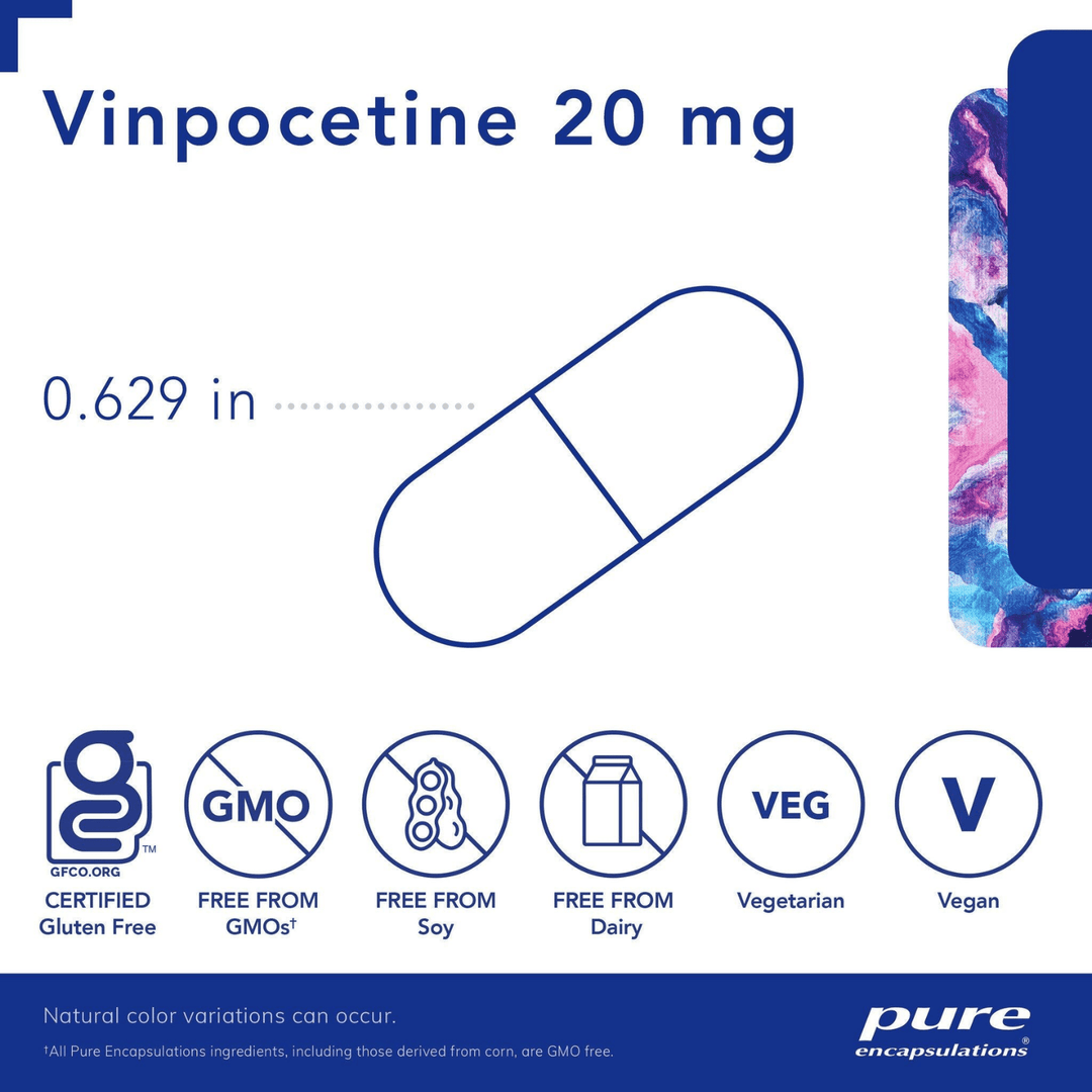 Pure Encapsulations Vinpocetine brain function support supplement capsules, showing the bottle with 120 capsules.