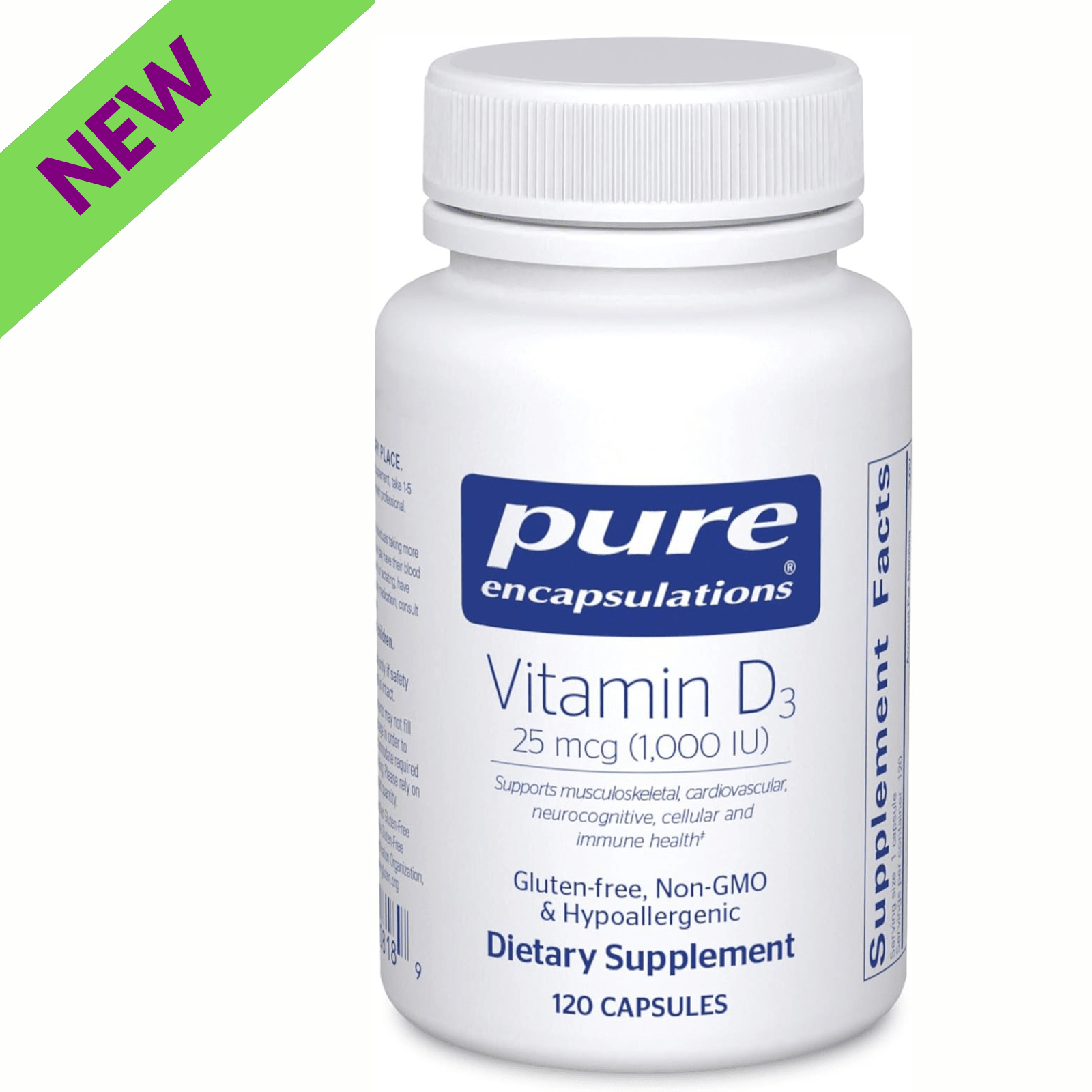 Pure Encapsulations Vitamin D3 1000 IU bottle containing 120 capsules, a supplement for bone, heart, and immune support.