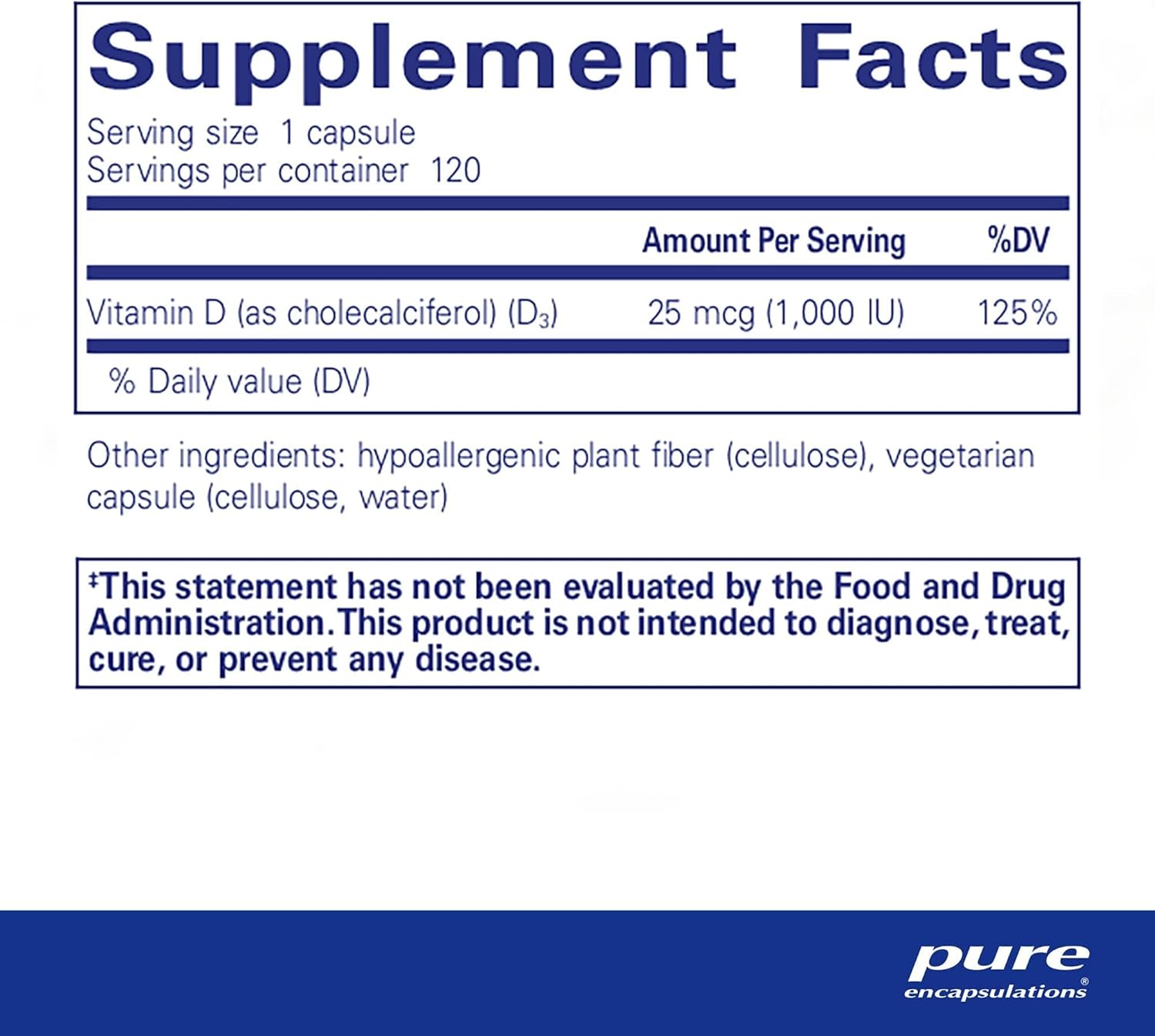 Pure Encapsulations Vitamin D3 1000 IU bottle with 120 capsules, supporting bone, heart, and immune health.