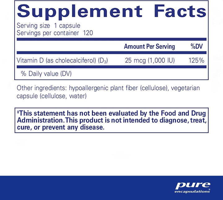 Pure Encapsulations Vitamin D3 1000 IU bottle with 120 capsules, supporting bone, heart, and immune health.
