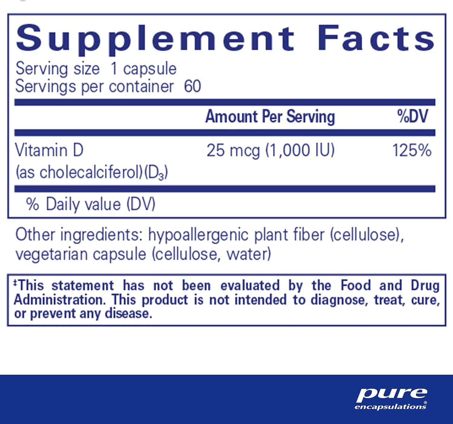 Pure Encapsulations Vitamin D3 1000 IU bottle with 60 capsules, designed for bone, heart, and immune support.