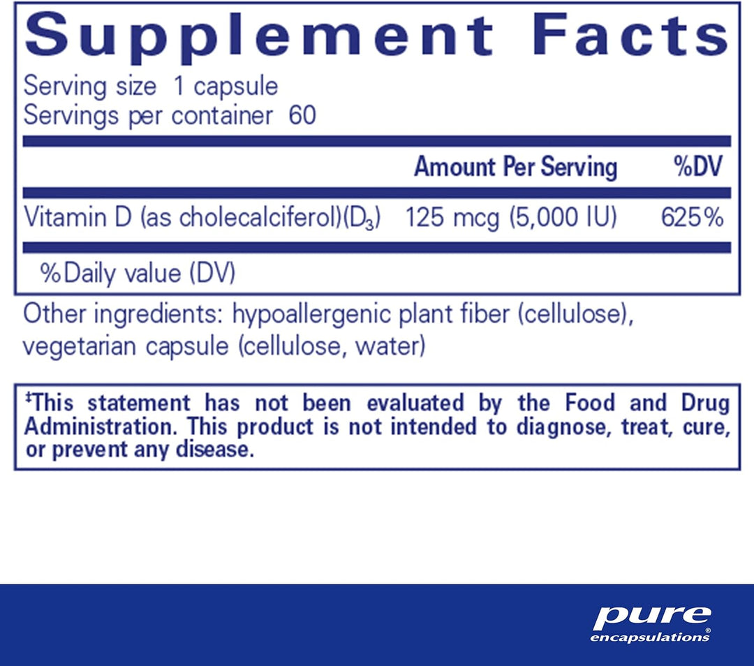 Pure Encapsulations Vitamin D3 5000 IU supplement bottle with 60 capsules for bone immune and heart support.