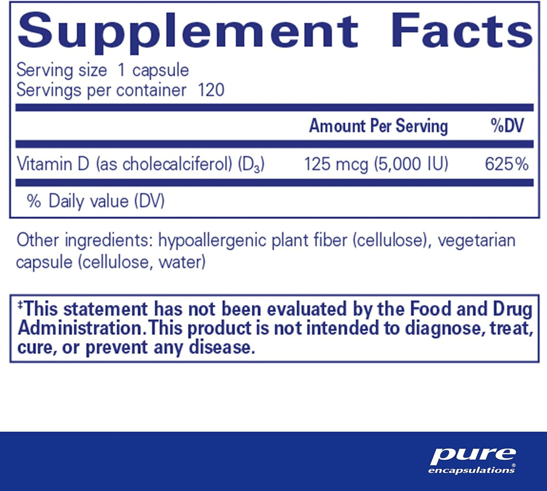 Pure Encapsulations Vitamin D3 5000 IU bottle with 120 capsules for bone, immune, and heart support.