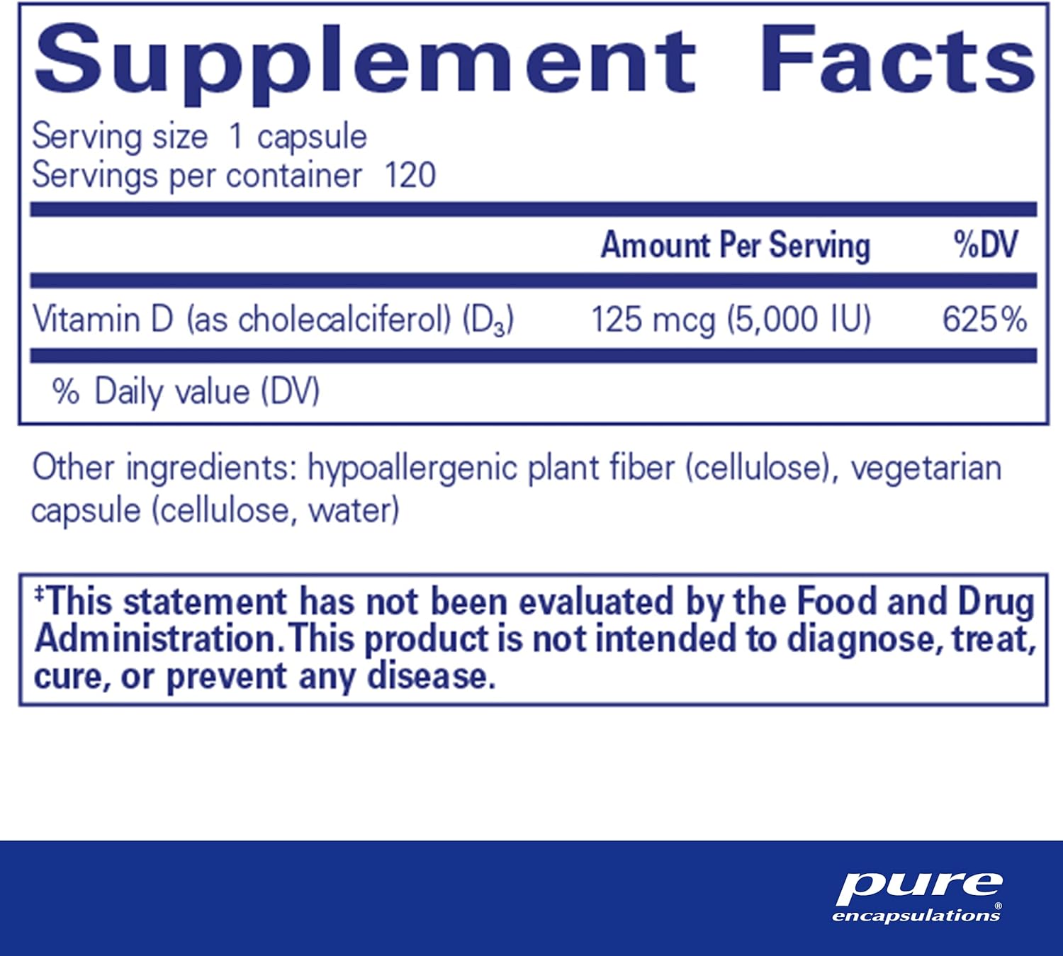 Pure Encapsulations Vitamin D3 5000 IU bottle with 120 capsules for bone, immune, and heart support.