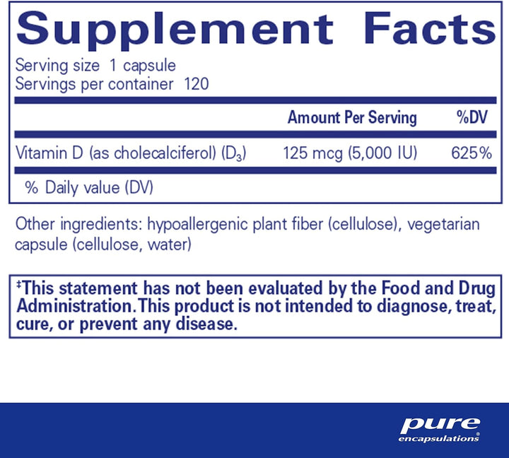 Pure Encapsulations Vitamin D3 5000 IU bottle with 120 capsules for bone, immune, and heart support.