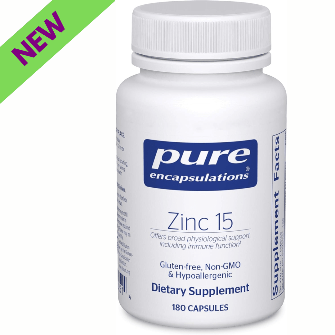 Pure Encapsulations Zinc 15 mg supplement in a bottle with 180 capsules, supporting immune function and overall health.