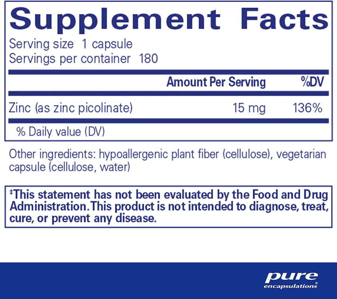 Pure Encapsulations Zinc 15 mg supplement in 180 capsules, supporting immune function and digestive health.
