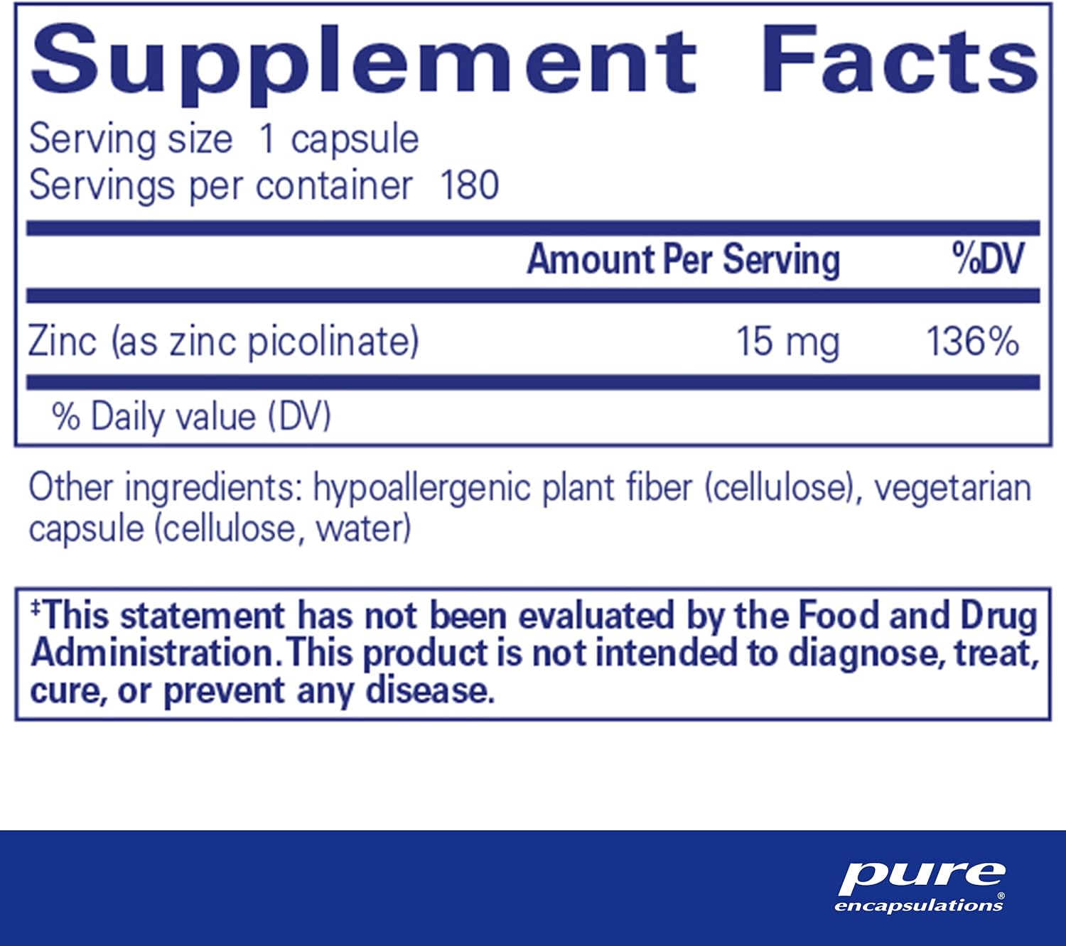 Pure Encapsulations Zinc 15 mg supplement in 180 capsules, supporting immune function and digestive health.