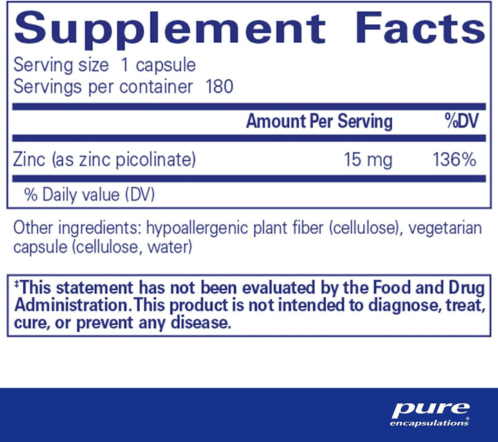 Pure Encapsulations Zinc 15 mg supplement in 180 capsules, supporting immune function and digestive health.