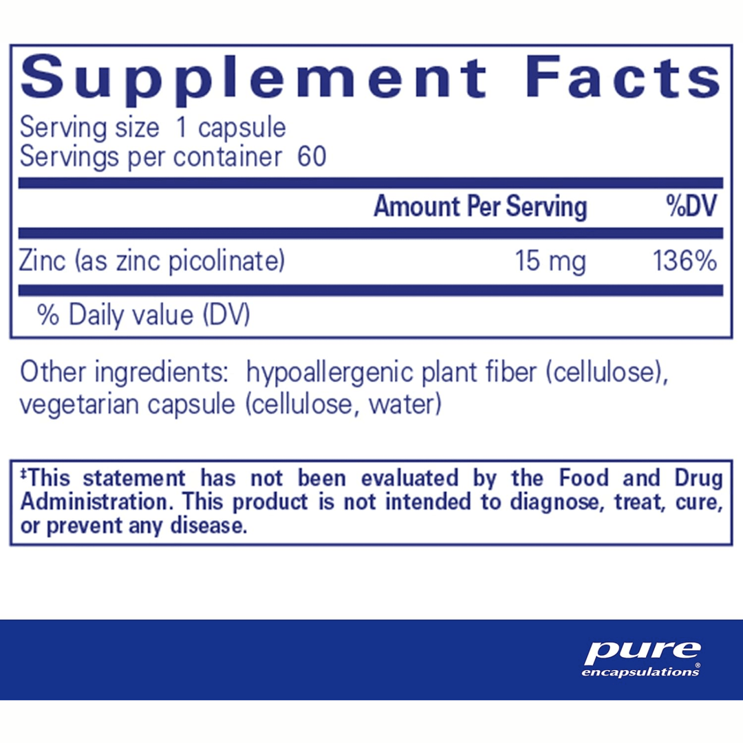 Pure Encapsulations Zinc 15 mg supplement for immune support, showing 60 capsules of digestive enzyme supplement with zinc picolinate.