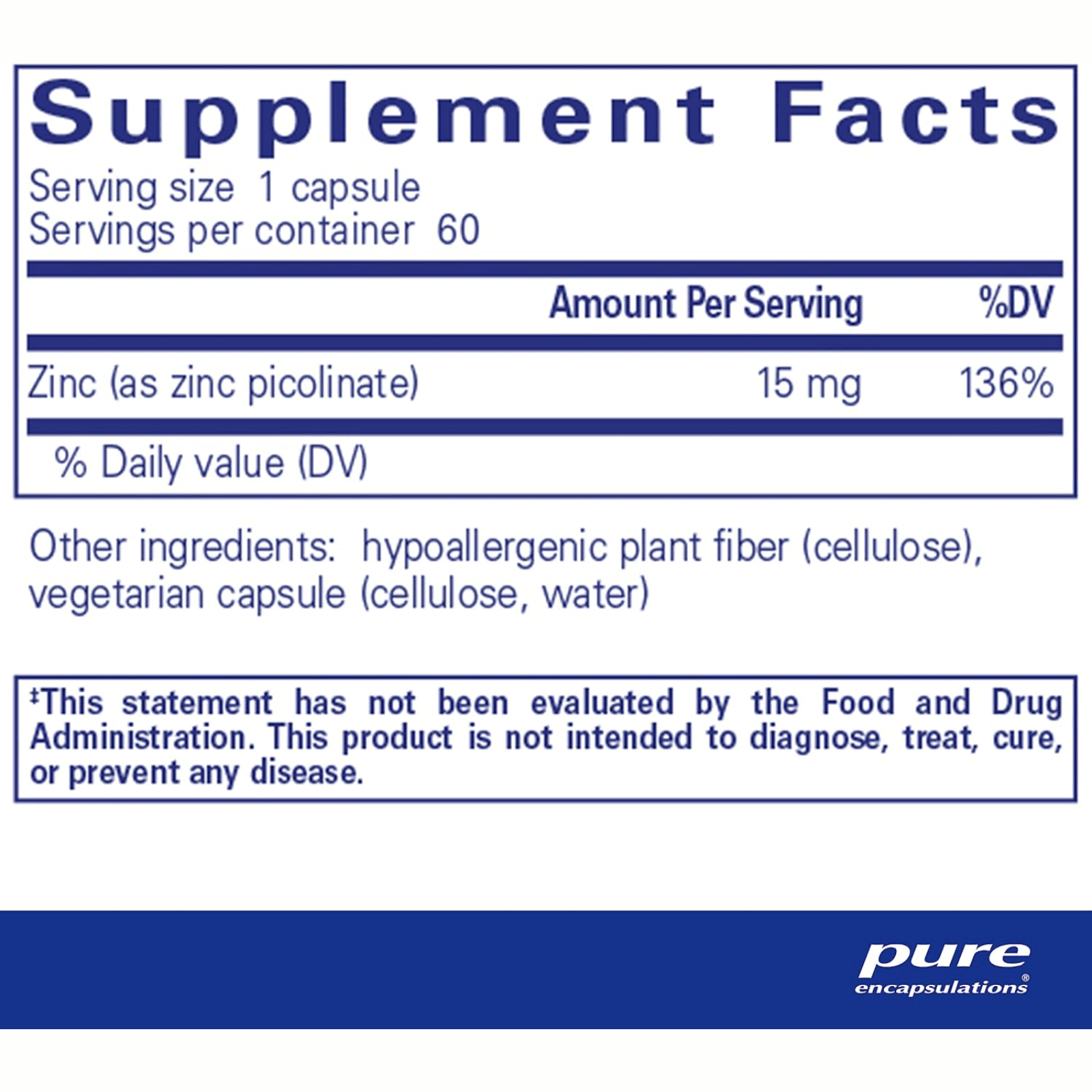Pure Encapsulations Zinc 15 mg supplement for immune support, showing 60 capsules of digestive enzyme supplement with zinc picolinate.