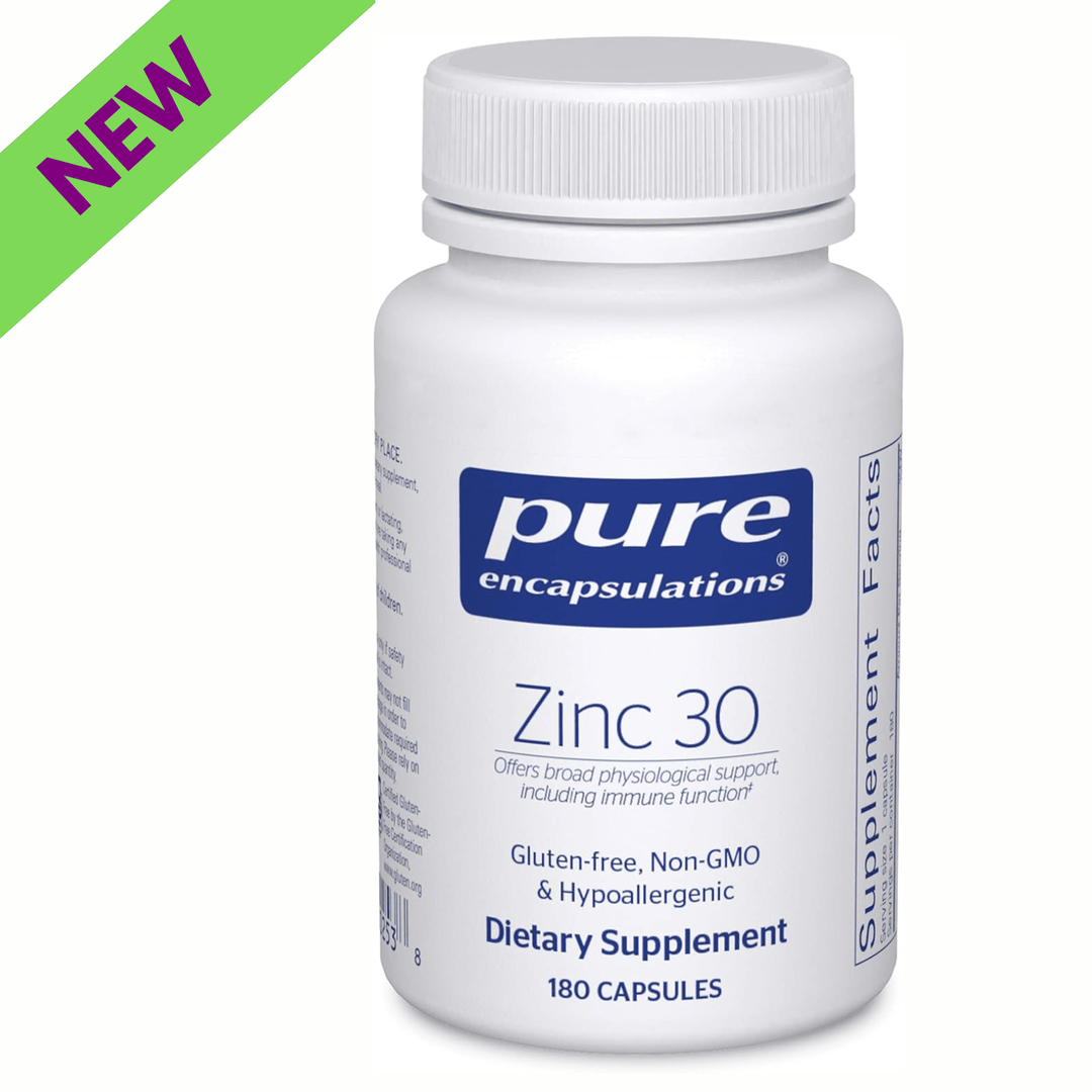 Pure Encapsulations Zinc 30 mg capsules supporting immune health, displayed in a bottle with 180 capsules.