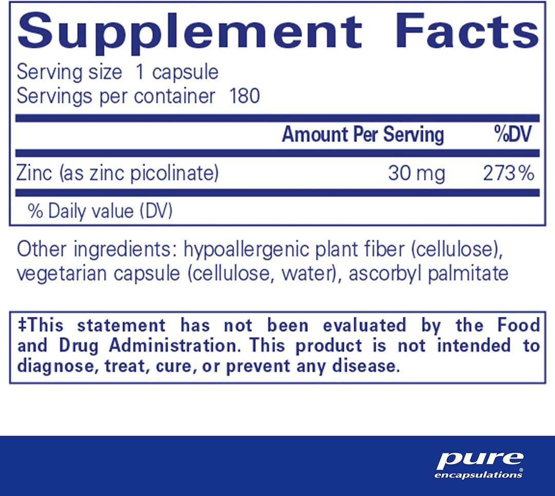 Pure Encapsulations Zinc 30 mg supplement for immune health in a bottle of 180 capsules, designed to support immune function.