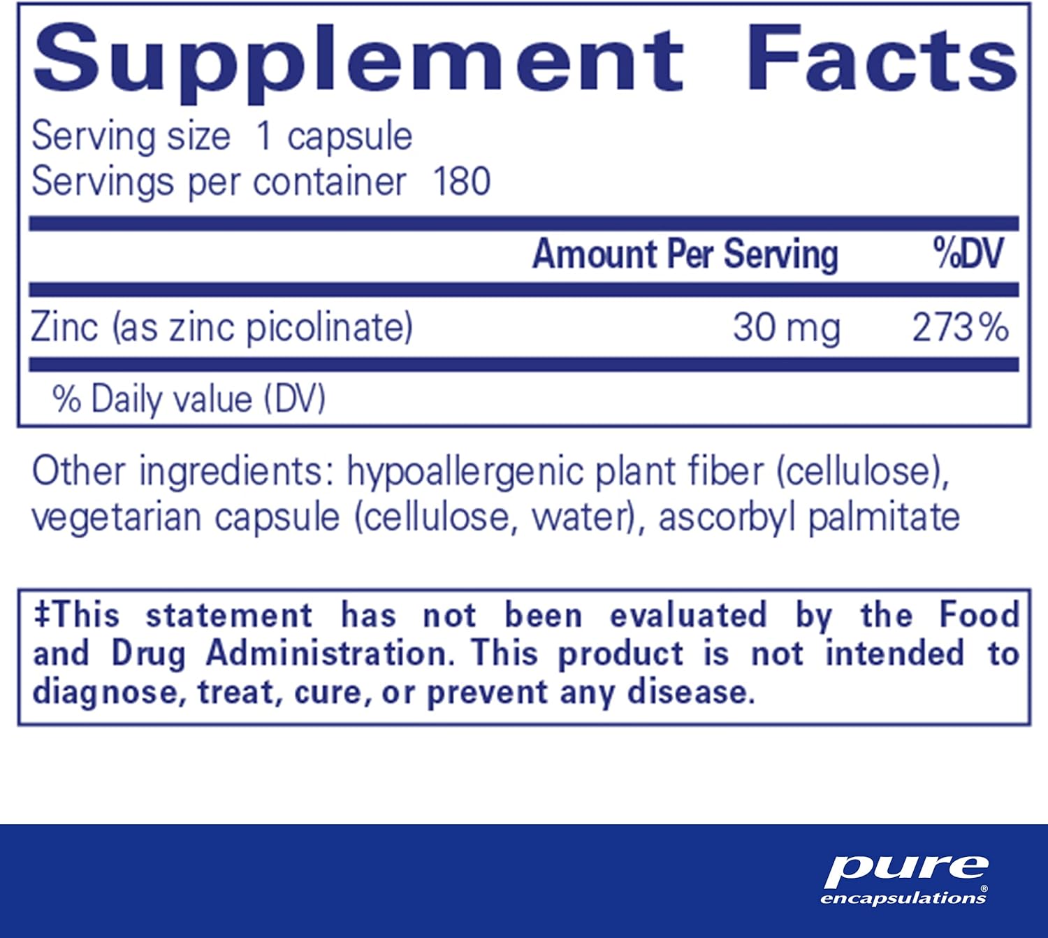 Pure Encapsulations Zinc 30 mg supplement for immune health in a bottle of 180 capsules, designed to support immune function.
